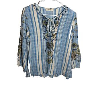 Tru Luxe Jeans Blouse Women's Medium Blue Striped V-Neck Embroidered Boho Top